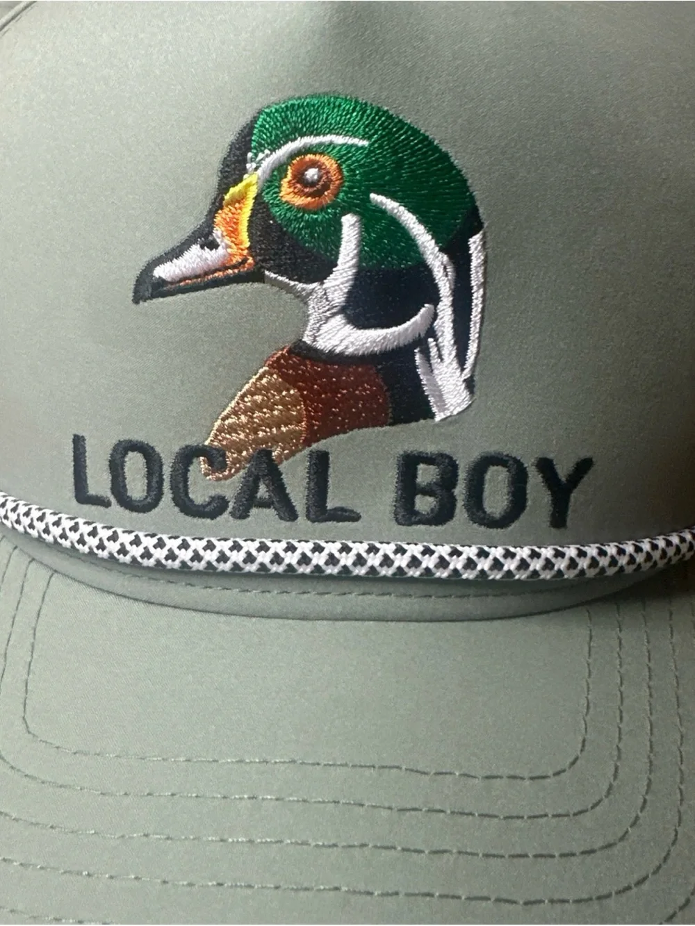 Local Boy Outfitters Mallard Duck Rope Hat loden green front rope trim NWOT